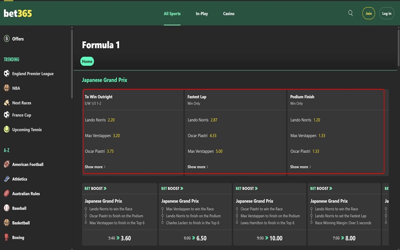 Bet365 总是迅速更新全球顶级的赛车赛事。